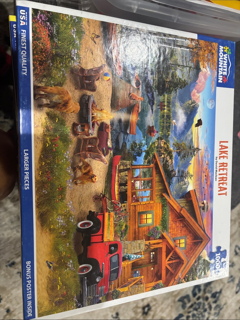 White Mountain Lake Retreat Puzzle — Red Truck and Lakeside Cabin Artwork